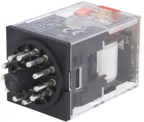 MKS3PIN AC230 Реле серии MK-S, форма контактов 3PDT, механический индикатор срабатывания и тестовая кнопка, светодиодный индикатор, напряжение питания 230 V AC