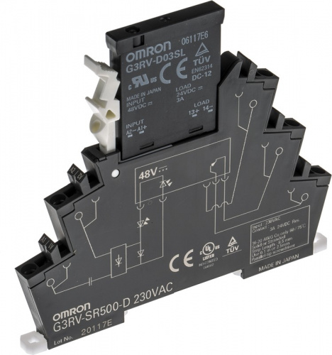 G3RV-SR500-D AC230 Тонкое (6мм) твердотельное реле с колодкой серии G3RV, клеммы Push-in, для коммутации цепей постоянного тока, управление 230 V AC, коммутация 5..24 V DC, 3 A, черное